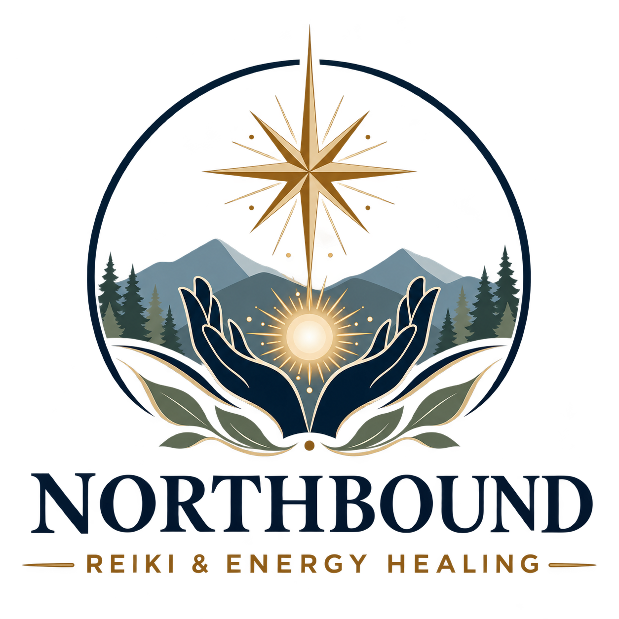 Northbound Reiki & Energy Healing logo with a compass star, mountains, forest, and warm gold lettering